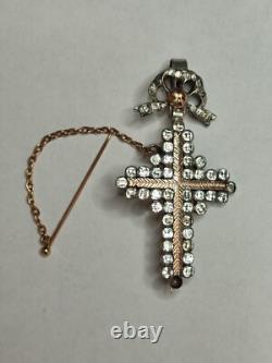Antique Yvetot Cross in solid silver, gold, and Rhine stones, Normandy 19th century