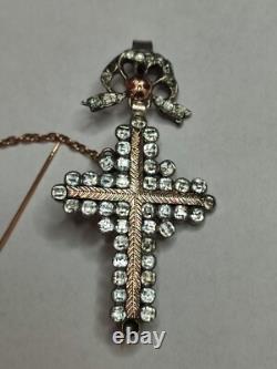 Antique Yvetot Cross in solid silver, gold, and Rhine stones, Normandy 19th century Antique Yvetot Cross in solid silver, gold, and Rhine stones, Normandy 19th century