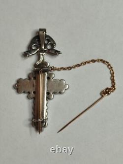 Antique Yvetot Cross in solid silver, gold, and Rhine stones, Normandy 19th century