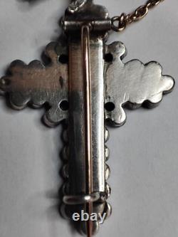 Antique Yvetot Cross in solid silver, gold, and Rhine stones, Normandy 19th century