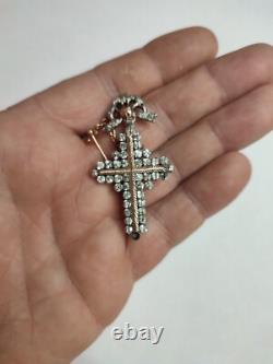 Antique Yvetot Cross in solid silver, gold, and Rhine stones, Normandy 19th century