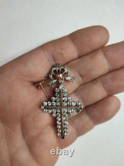 Antique Yvetot Cross in solid silver, gold, and Rhine stones, Normandy 19th century Antique Yvetot Cross in solid silver, gold, and Rhine stones, Normandy 19th century