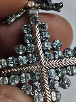 Antique Yvetot Cross in solid silver, gold, and Rhine stones, Normandy 19th century
