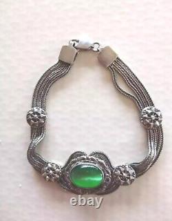 Antique and Rare Solid Silver 925 Bracelet 19th Century Green Stone