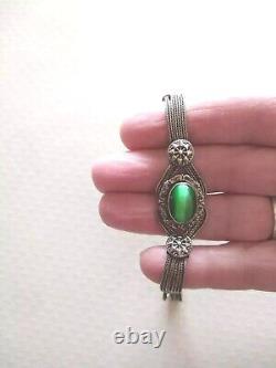 Antique and Rare Solid Silver 925 Bracelet 19th Century Green Stone