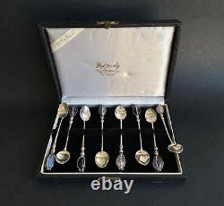 Antique box of 8 solid silver spoons and sterling stone RAUL Jewelry