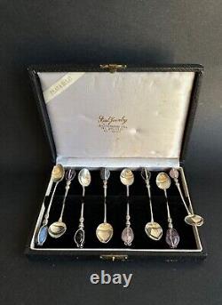 Antique box of 8 solid silver spoons and sterling stone RAUL Jewelry