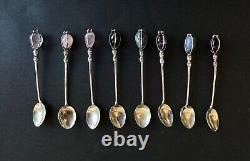 Antique box of 8 solid silver spoons and sterling stone RAUL Jewelry