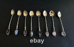 Antique box of 8 solid silver spoons and sterling stone RAUL Jewelry