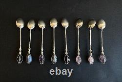 Antique box of 8 solid silver spoons and sterling stone RAUL Jewelry