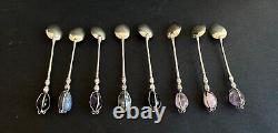 Antique box of 8 solid silver spoons and sterling stone RAUL Jewelry