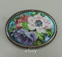 Antique brooch Limoges enamel, solid silver setting signed J. HOUMIEU Limoges