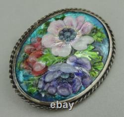 Antique brooch Limoges enamel, solid silver setting signed J. HOUMIEU Limoges