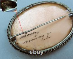 Antique brooch Limoges enamel, solid silver setting signed J. HOUMIEU Limoges