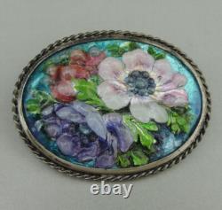 Antique brooch Limoges enamel, solid silver setting signed J. HOUMIEU Limoges
