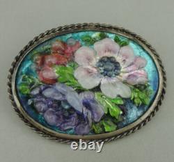 Antique brooch Limoges enamel, solid silver setting signed J. HOUMIEU Limoges