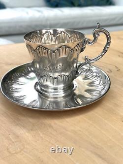 Antique cup and saucer in solid silver Minerve hallmark 163 gr