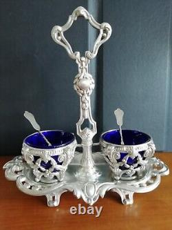 Antique double salt cellar, solid silver Minerva hallmark, blue glass liners