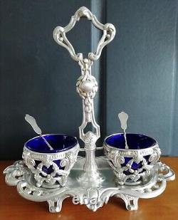 Antique double salt cellar, solid silver Minerva hallmark, blue glass liners