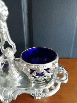 Antique double salt cellar, solid silver Minerva hallmark, blue glass liners