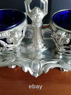 Antique double salt cellar, solid silver Minerva hallmark, blue glass liners