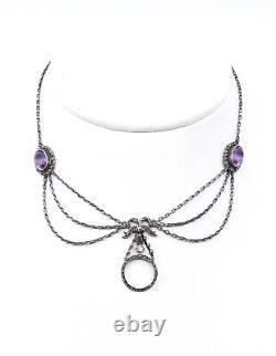 Antique draped pendant necklace in solid silver and amethysts 1900