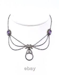 Antique draped pendant necklace in solid silver and amethysts 1900