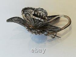 Antique filigree solid silver flower brooch