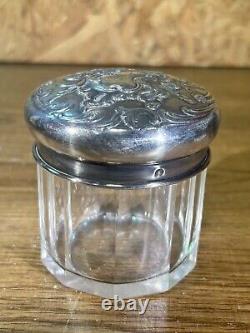 Antique makeup pot, crystal and solid silver, Minerva hallmarks, monogram, 19th century