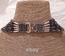 Antique multi-strand solid silver necklace with amethyst and peridot stones