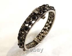 Antique opening bangle bracelet in 925 silver pavé with black onyx and marcasites