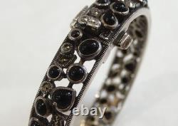 Antique opening bangle bracelet in 925 silver pavé with black onyx and marcasites