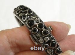 Antique opening bangle bracelet in 925 silver pavé with black onyx and marcasites