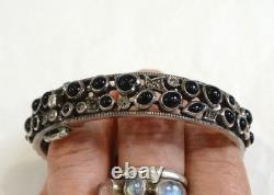 Antique opening bangle bracelet in 925 silver pavé with black onyx and marcasites