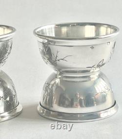 Antique pair of diabolo egg cups in solid silver, Minerva hallmark, Art Nouveau period