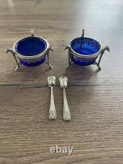 Antique pair of solid silver salt cellars with old man coat of arms emblem empire