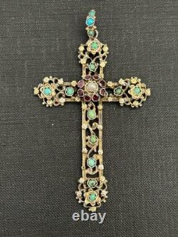 Antique pendant, religious cross, in solid silver with stones and vintage pearls