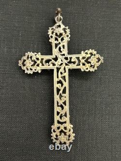 Antique pendant, religious cross, in solid silver with stones and vintage pearls