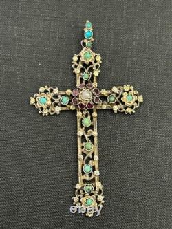 Antique pendant, religious cross, in solid silver with stones and vintage pearls