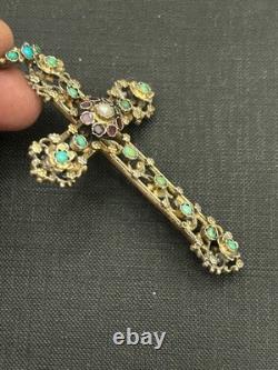 Antique pendant, religious cross, in solid silver with stones and vintage pearls