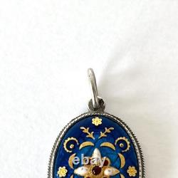 Antique pendant with Bressan enamel in solid silver Floral decoration and pearls