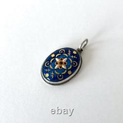 Antique pendant with Bressan enamel in solid silver Floral decoration and pearls