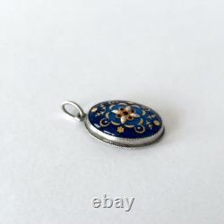 Antique pendant with Bressan enamel in solid silver Floral decoration and pearls