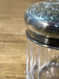 Antique powder pot, crystal and solid silver, Minerva hallmarks, monogram, 19th century