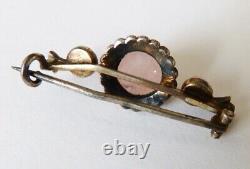 Antique solid SILVER + rose quartz 19th century brooch