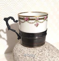 Antique solid silver Minerve porcelain cup, 19th century, floral-decorated handle