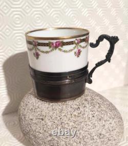 Antique solid silver Minerve porcelain cup, 19th century, floral-decorated handle