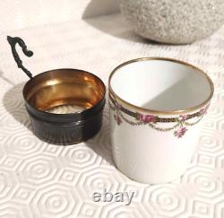 Antique solid silver Minerve porcelain cup, 19th century, floral-decorated handle