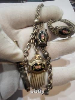 Antique solid silver and enamel pocket watch chain