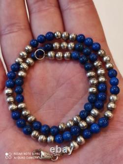 Antique solid silver and lapis lazuli bead necklace